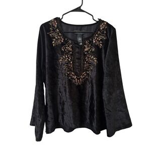 Y2K Studio by Liz Claiborne Black Velvet Embroidered Tunic Bell Sleeve Top XL